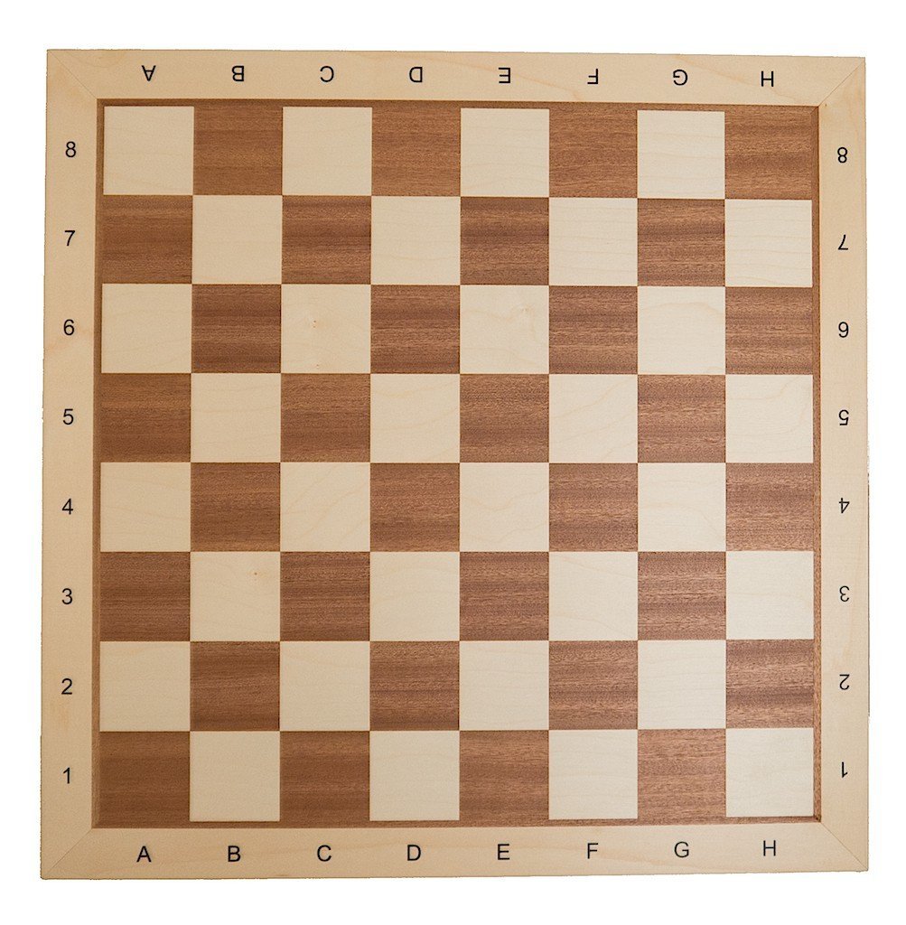 Turnierschachbrett Mahagoni und Ahorn, Feldgröße 58 mm, Randbeschriftung